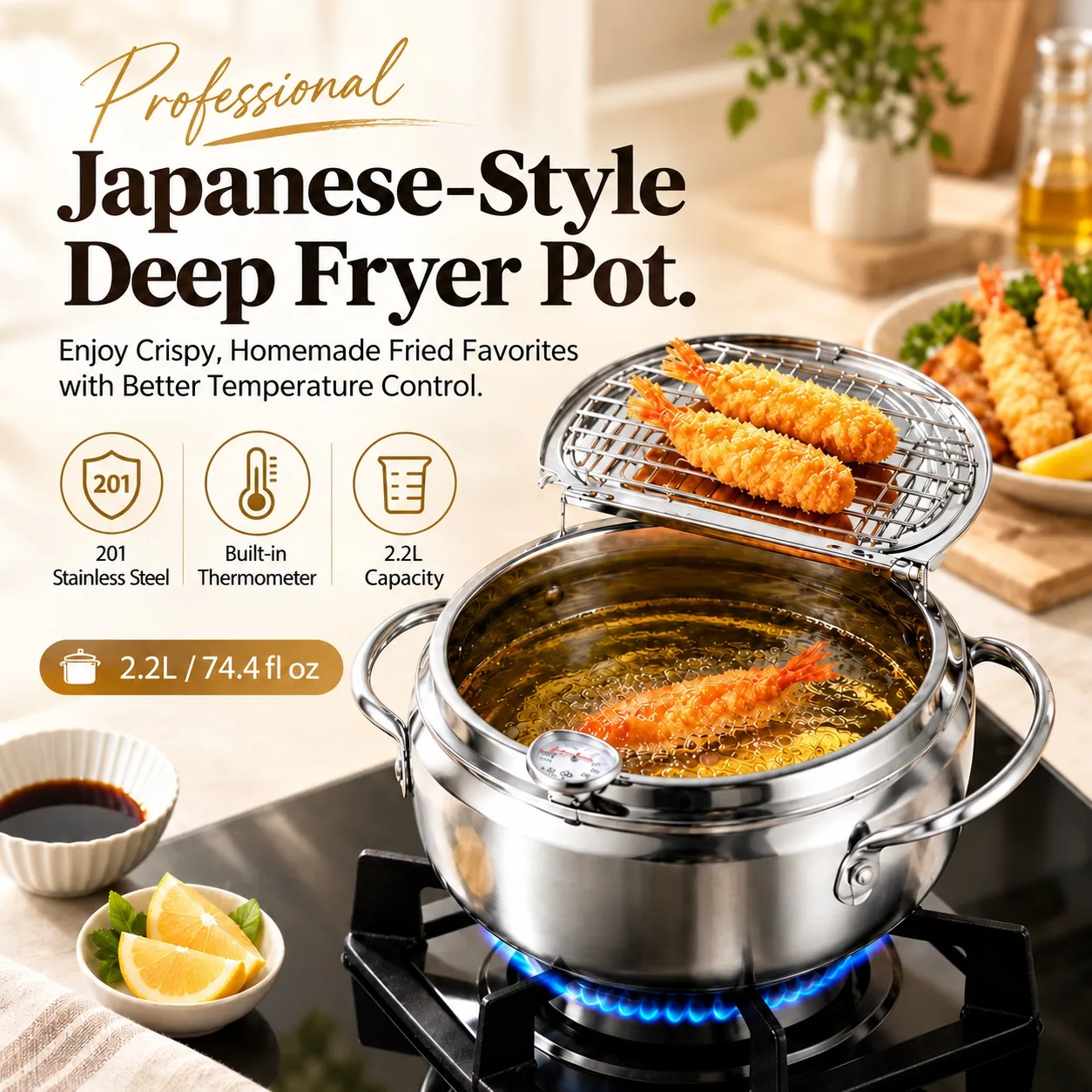 Japanese-Style Stainless Steel Deep Fryer Pot with Thermometer & Drain Rack