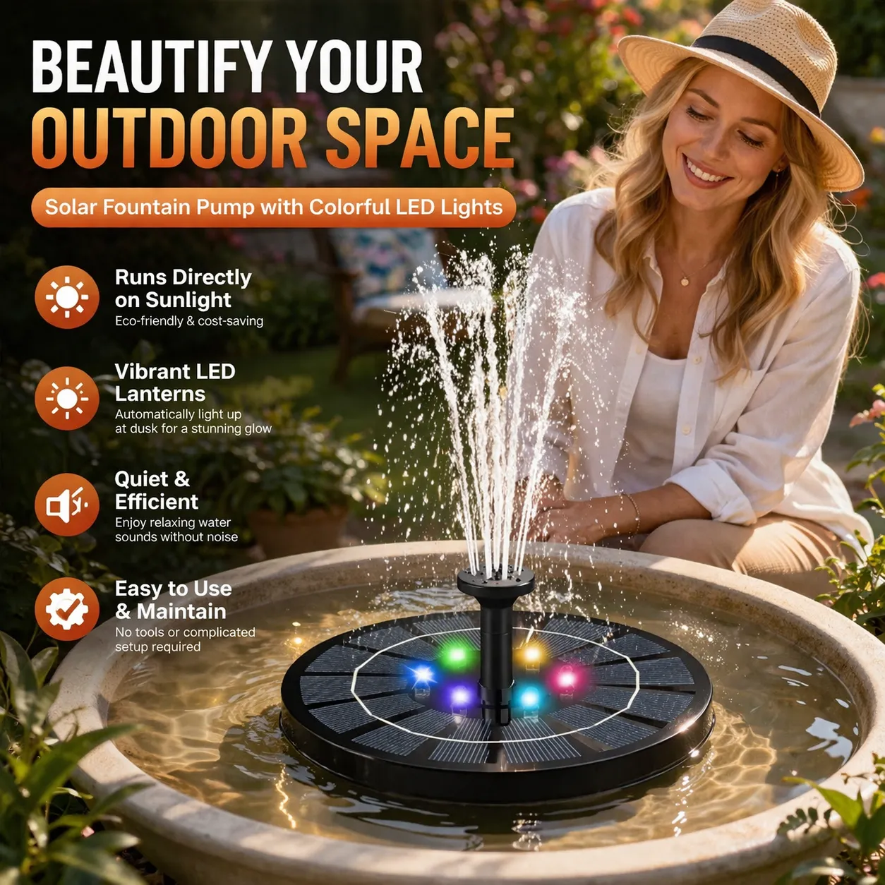 Floating Solar Fountain: Add elegant movement and colorful night lights to your patio using only the sun. 🌟
