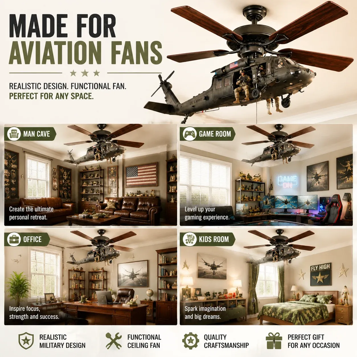Military Helicopter Ceiling Fan Attachment Decor