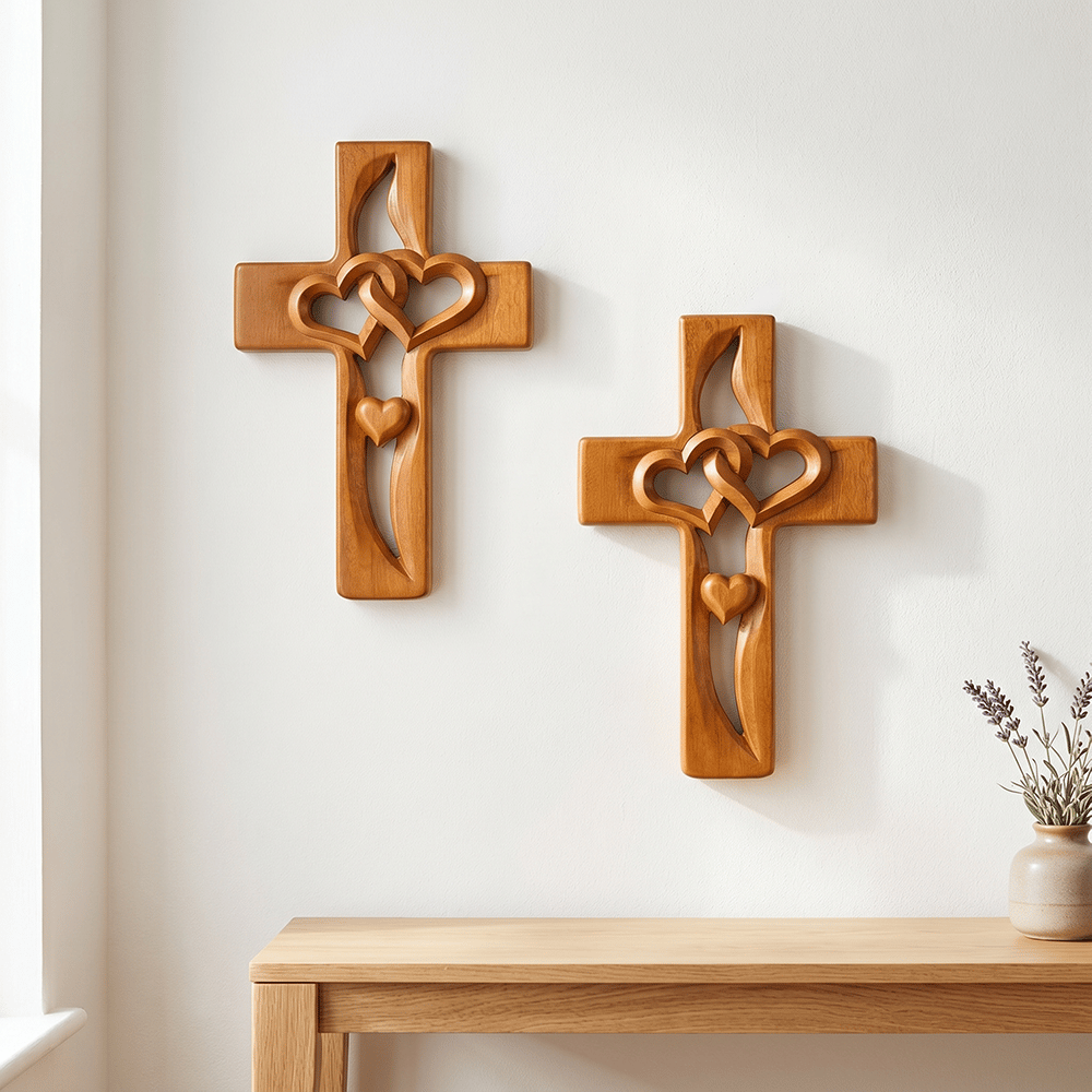 Handmade Wooden Double-Heart Cross Wall Decor