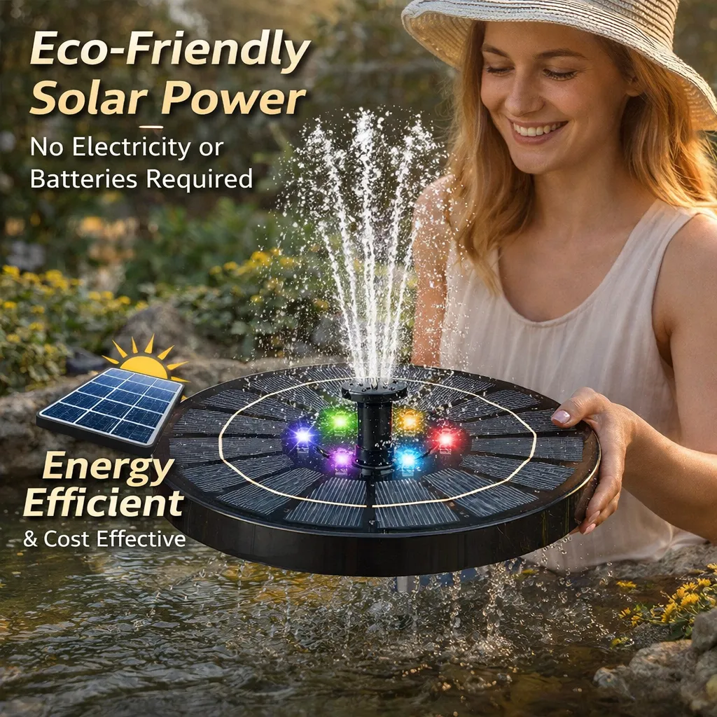 Floating Solar Fountain: Add elegant movement and colorful night lights to your patio using only the sun. 🌟