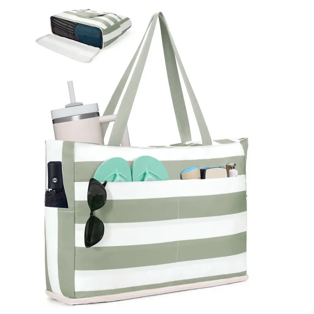🏖️Beach Bag—Large, waterproof, sand-proof zippered tote with a water bottle pocket
