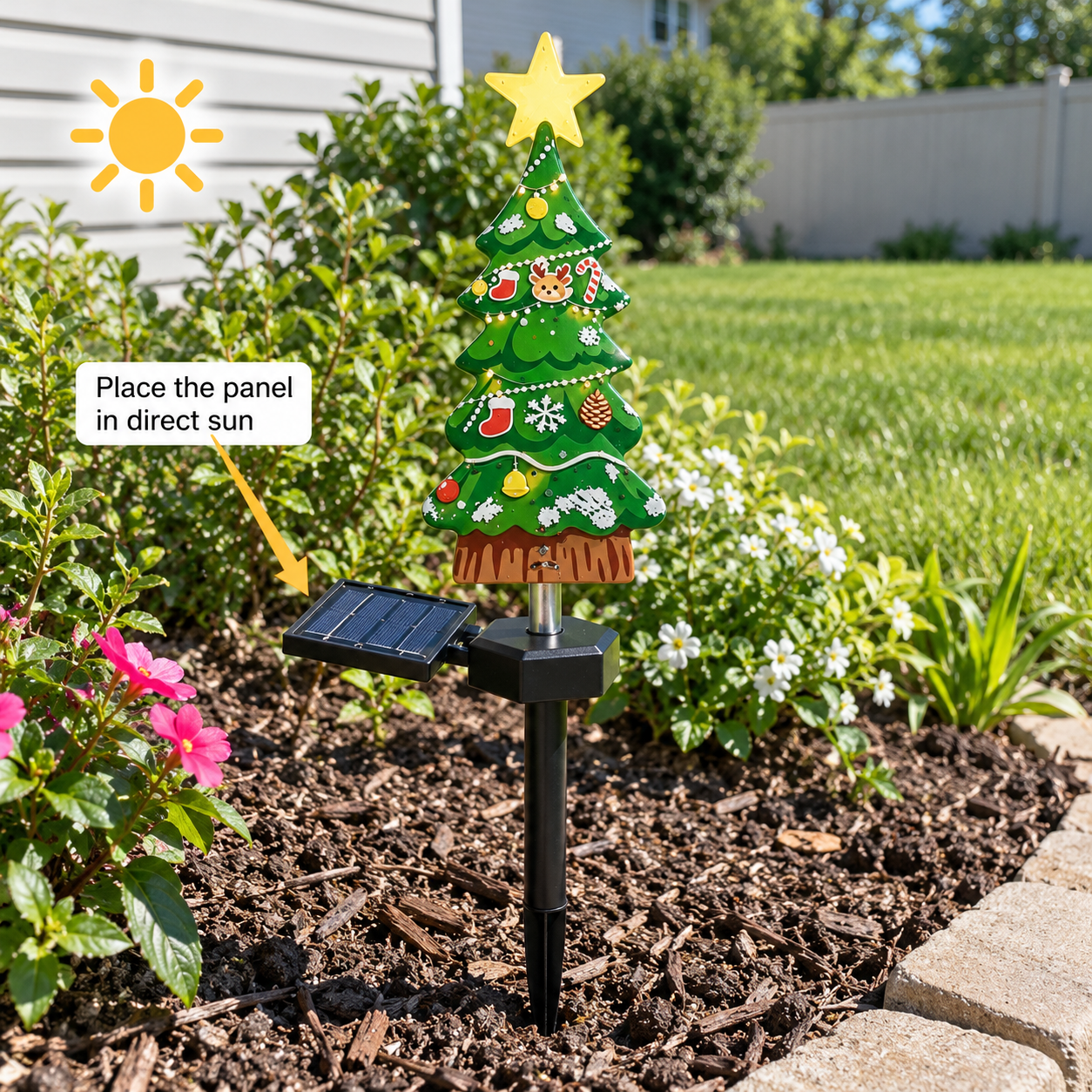 Solar panel positioned in direct sunlight in an open flower bed