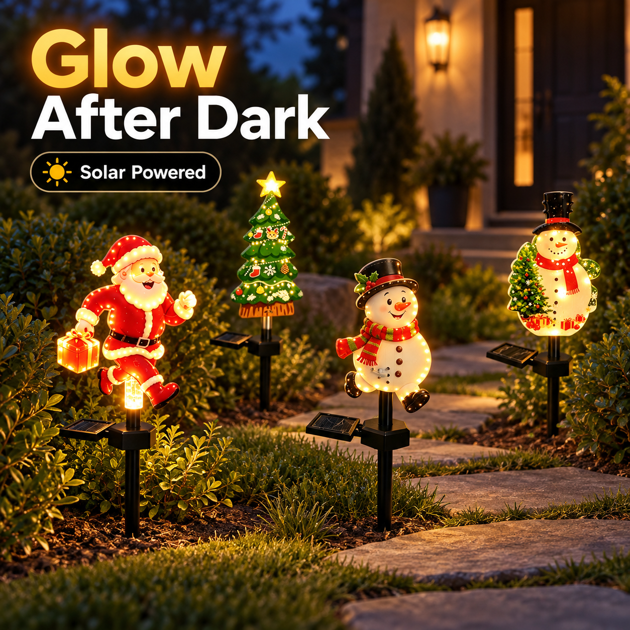 Four solar character stake lights glowing along a landscaped garden path