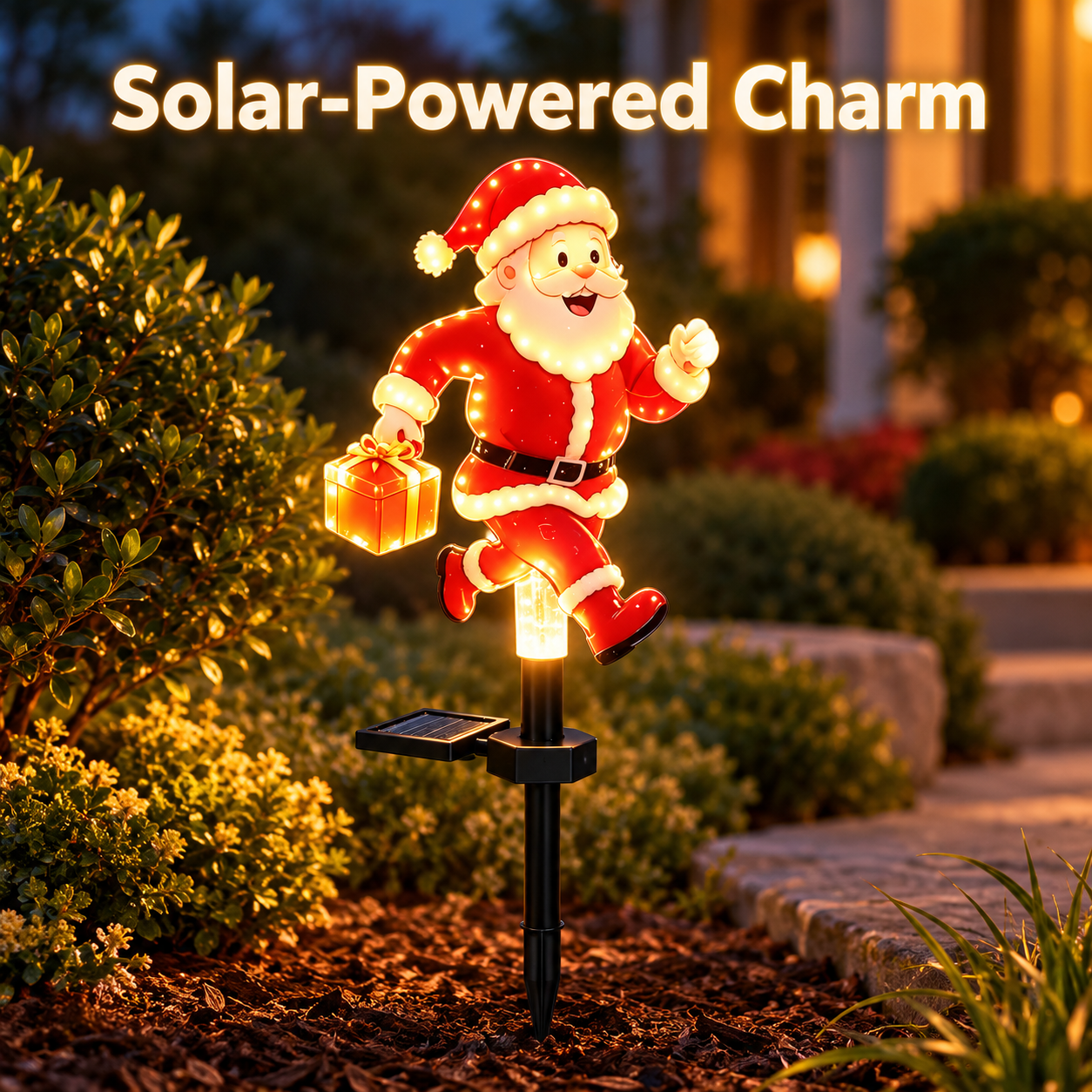 Solar character stake light glowing in an evening garden