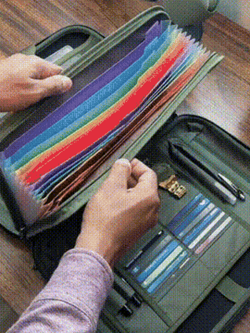 Hard-shell document organizer opening, storage, lock, and carry demonstration