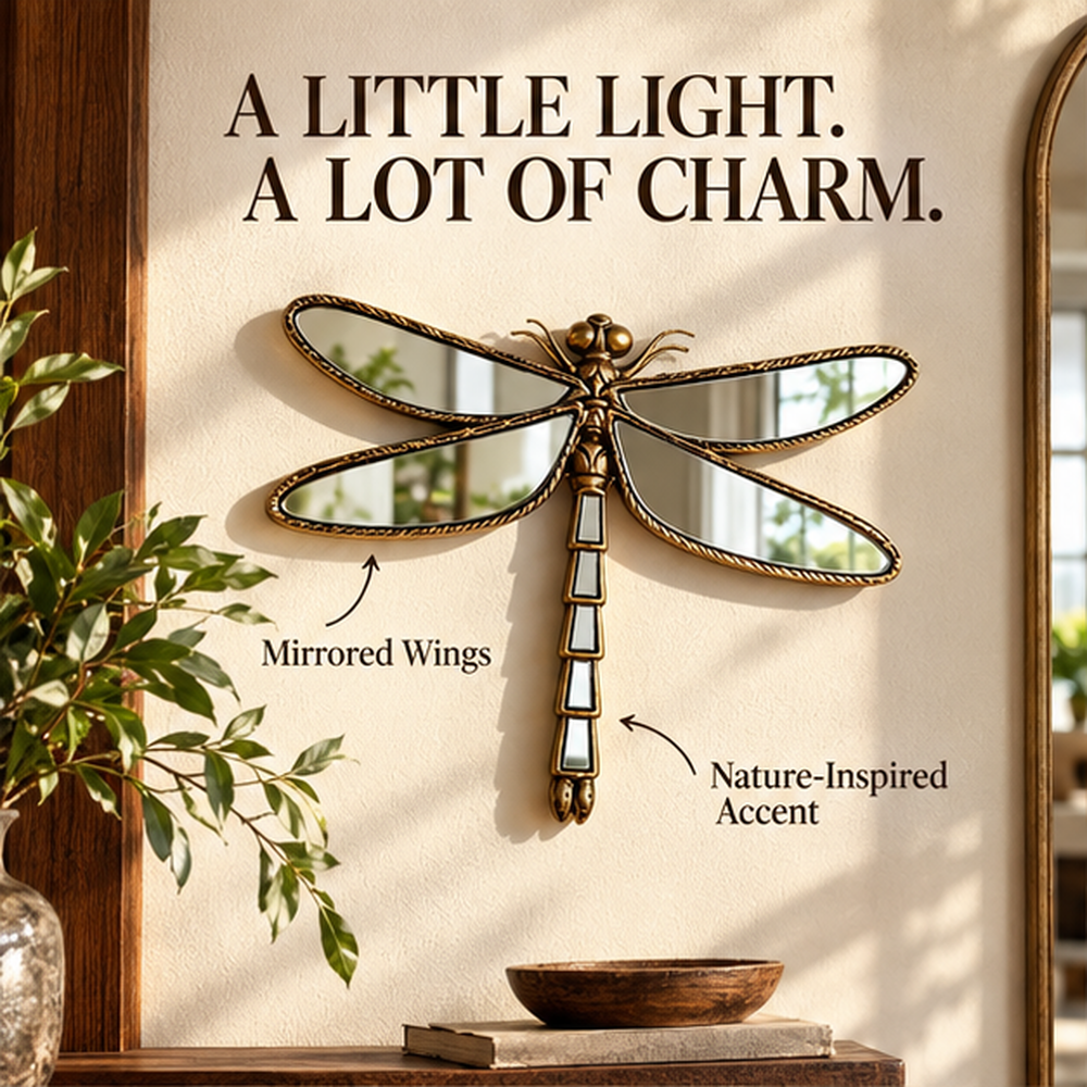 Antique bronze dragonfly mirror catching warm entryway light
