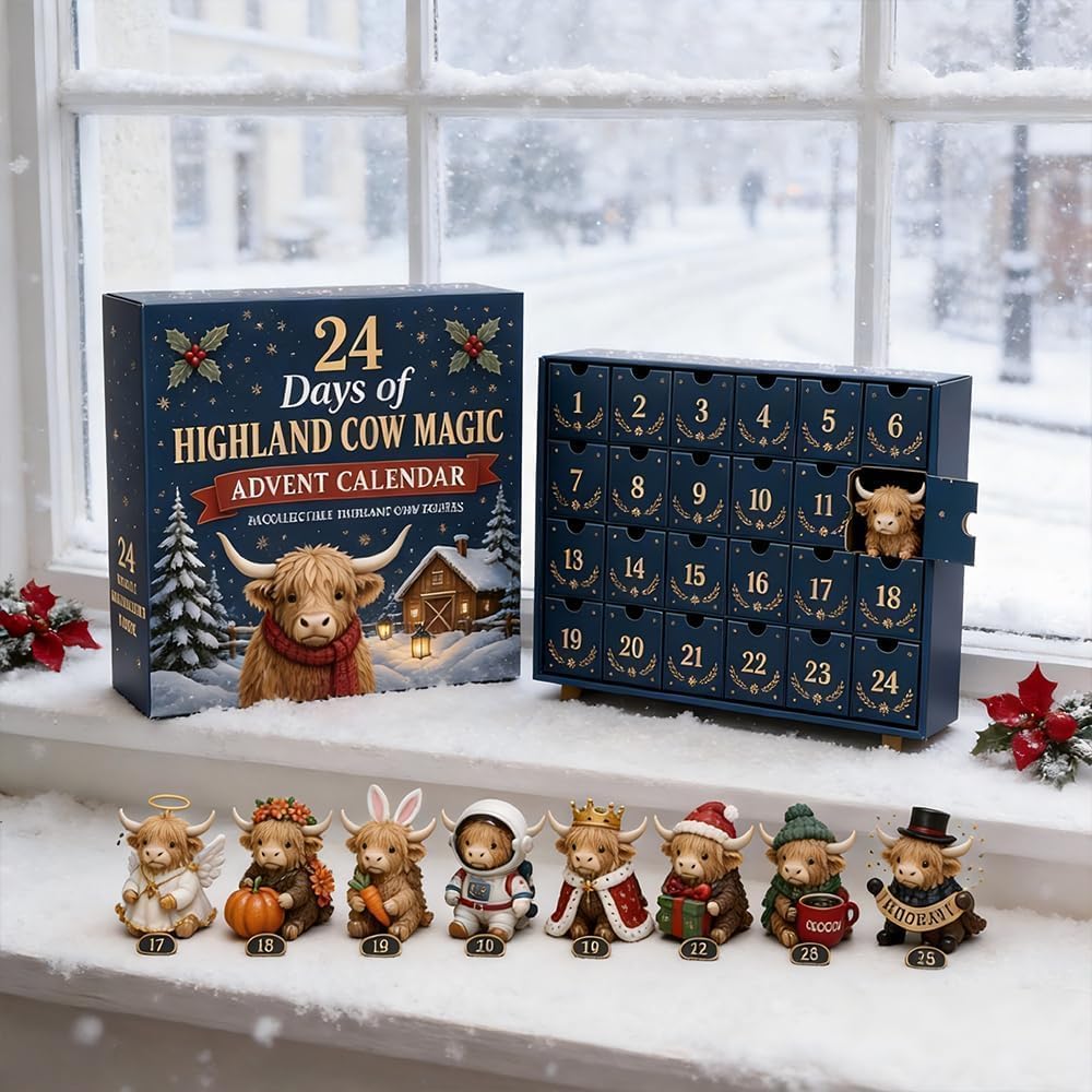 Highland cow calendar and figures on a snowy windowsill