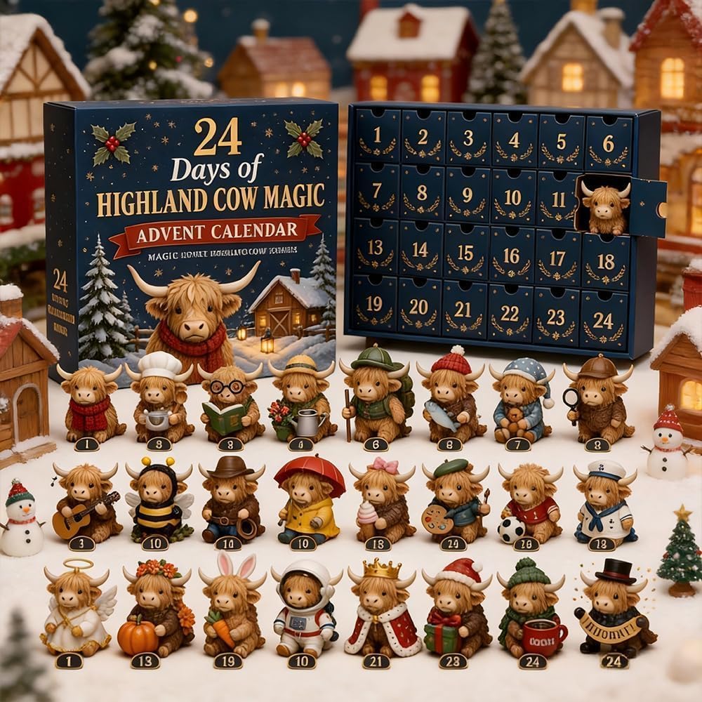 Highland cow calendar in a snowy Christmas village scene