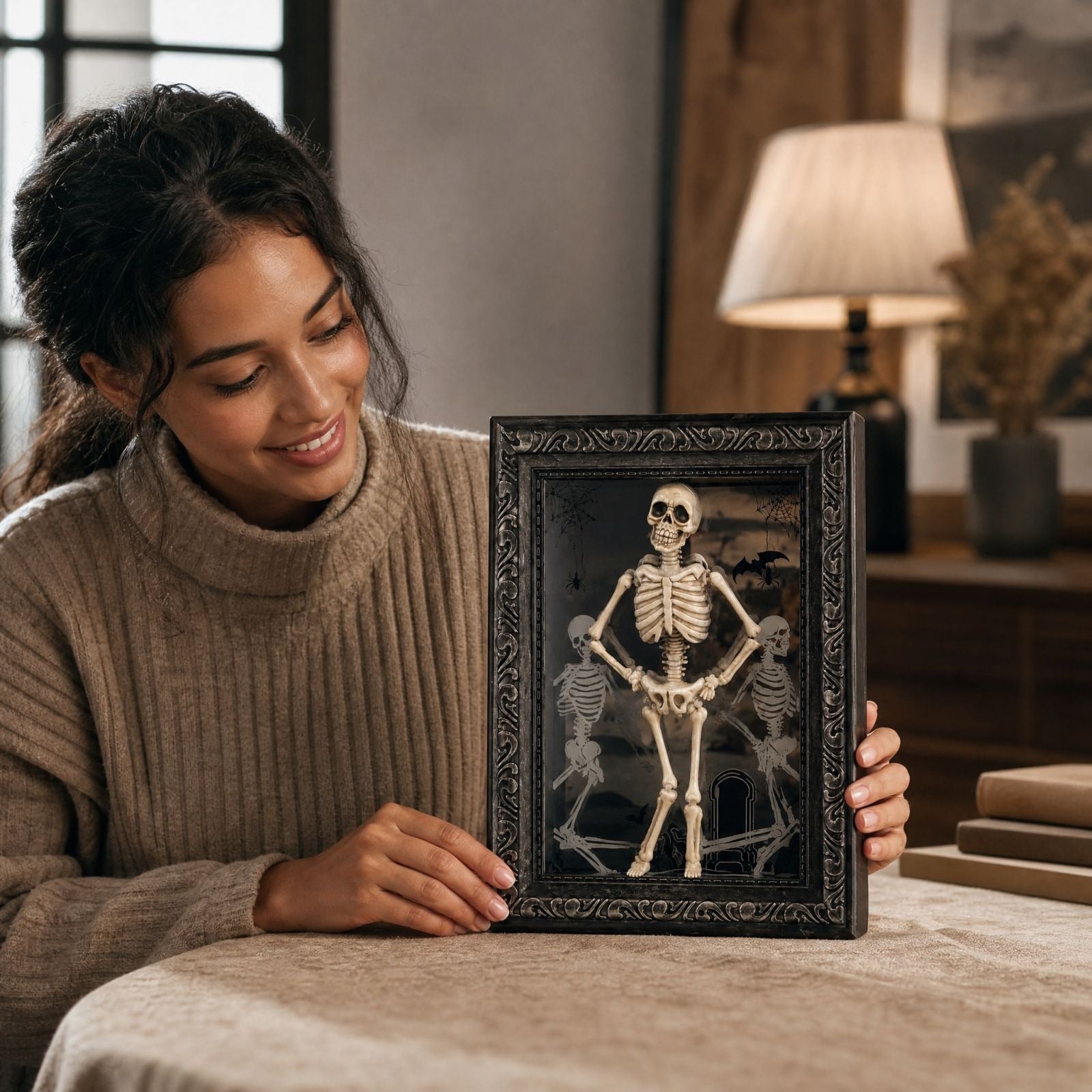 Person presenting the dancing skeleton frame on a table