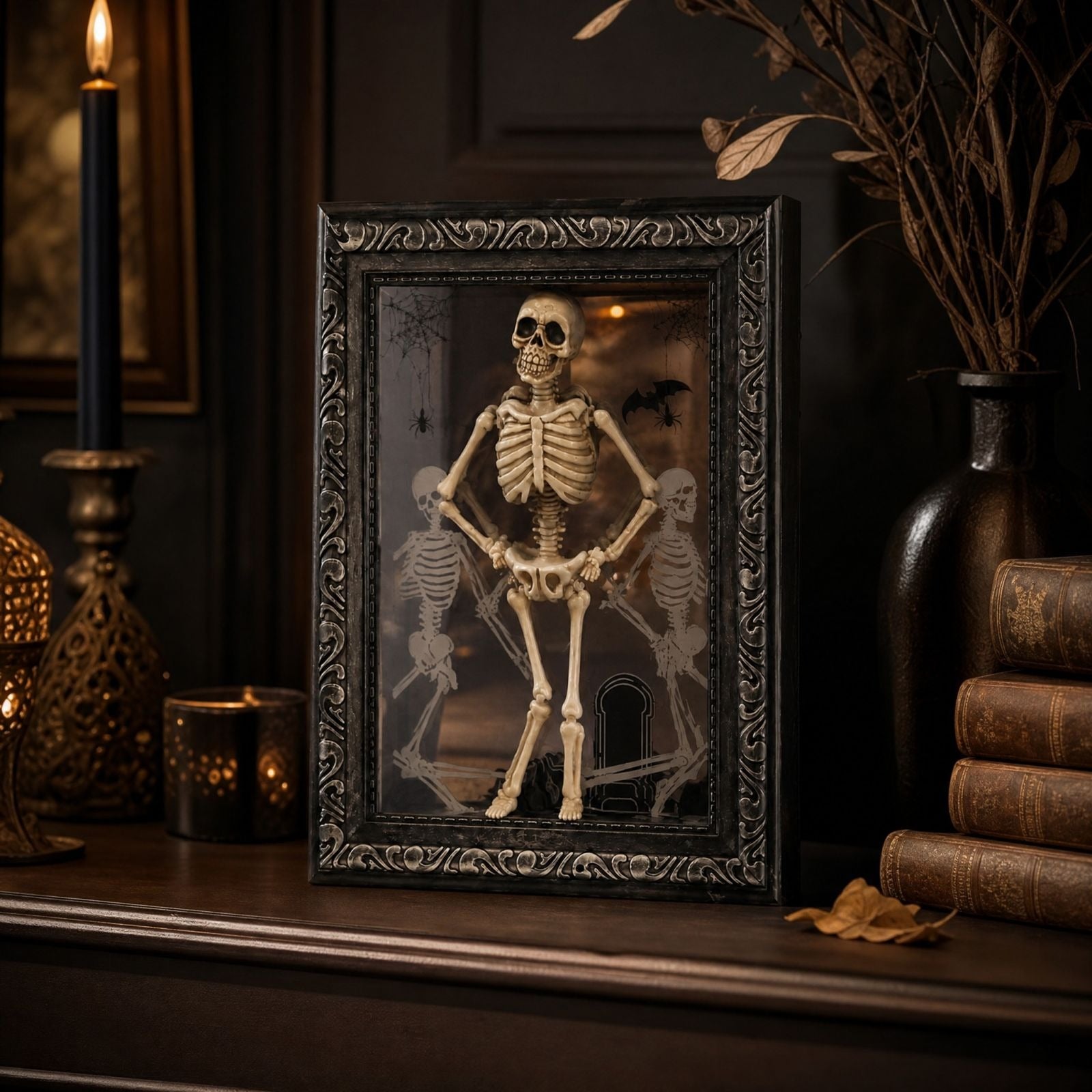 Dancing skeleton frame beside books and gothic decor