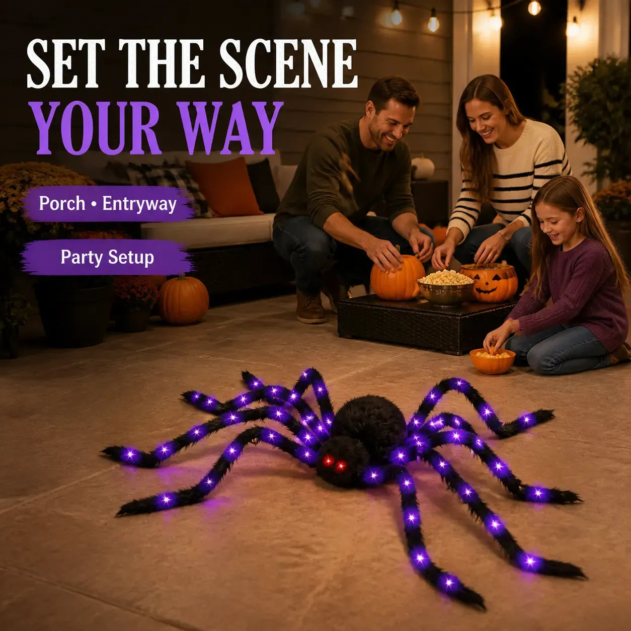 Family Halloween display with a purple light-up spider