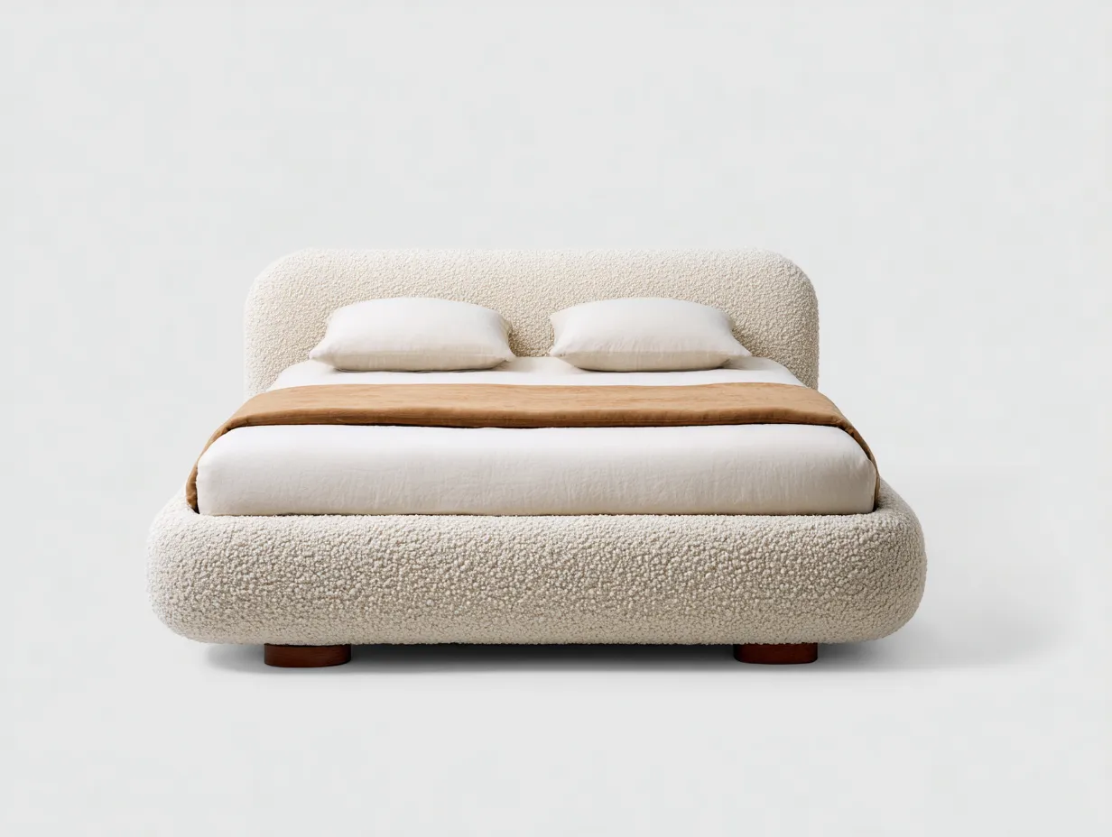 Cama Doble tapizada bouclé 230 x 205 x 95 cm - blanco crema - diseño curvo para dormitorio-Zalinyhaven