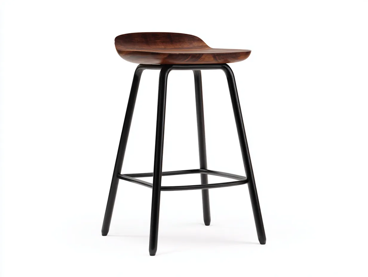 Taburete de Bar de madera nogal con patas negras 44 x 46 x 96 cm - nogal y negro - asiento curvado para comedor-Zalinyhaven