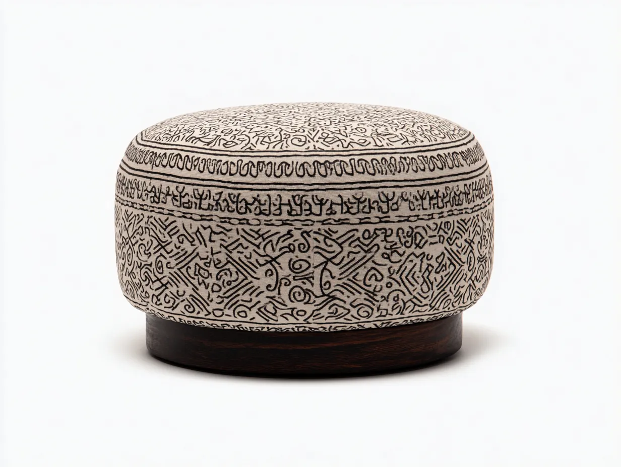 Reposapiés redondo beige 68x68x38 cm - tela con estampado negro y base de madera oscura-Zalinyhaven