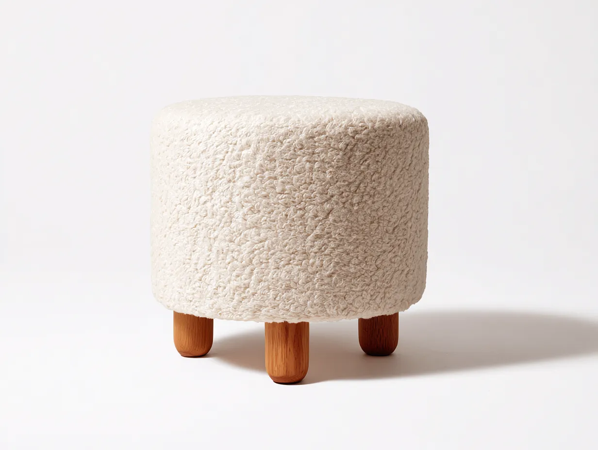 Reposapiés cilíndrico blanco roto 45x45x42 cm - tejido borreguito con patas de madera-Zalinyhaven