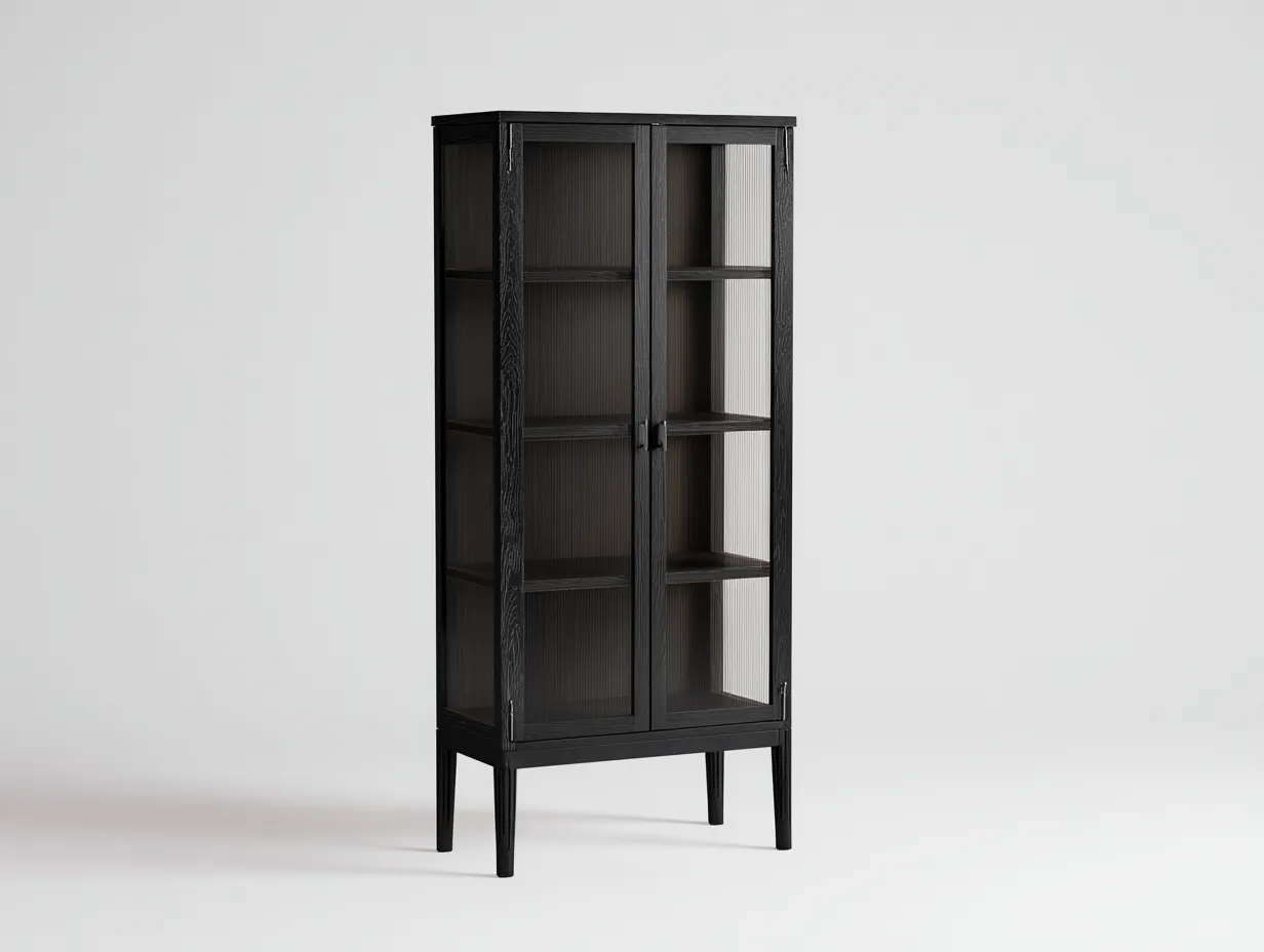 Vitrina 82x38x185 cm - madera y vidrio texturizado - negro - diseño esbelto para comedor-Zalinyhaven