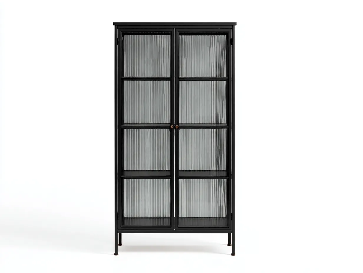 Vitrina 84x40x188 cm - metal y vidrio acanalado - negro - estilo industrial para comedor-Zalinyhaven