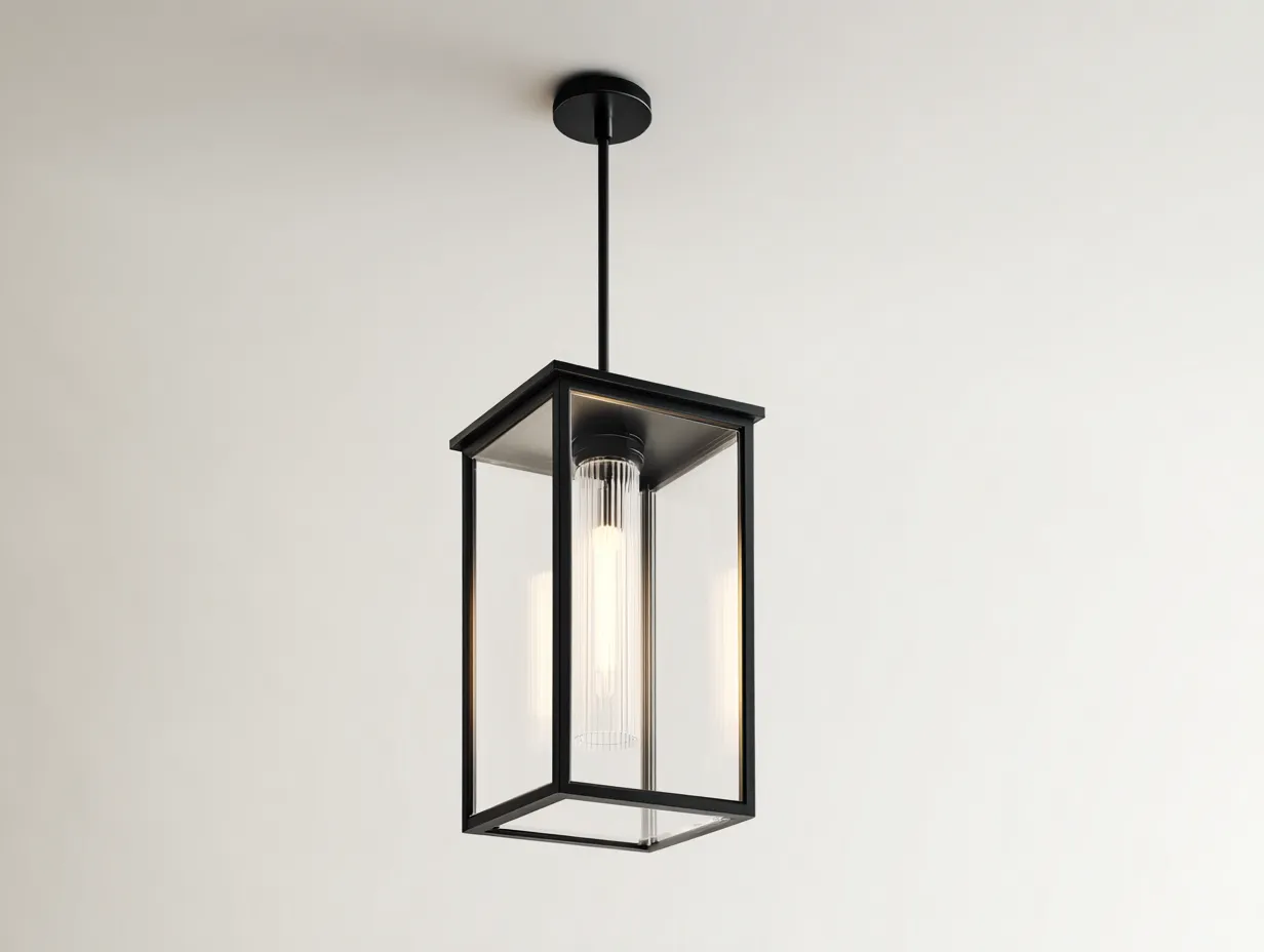 Lámpara Colgante 18x18x42 cm - acero y vidrio transparente color negro - farol vertical para exterior-Zalinyhaven