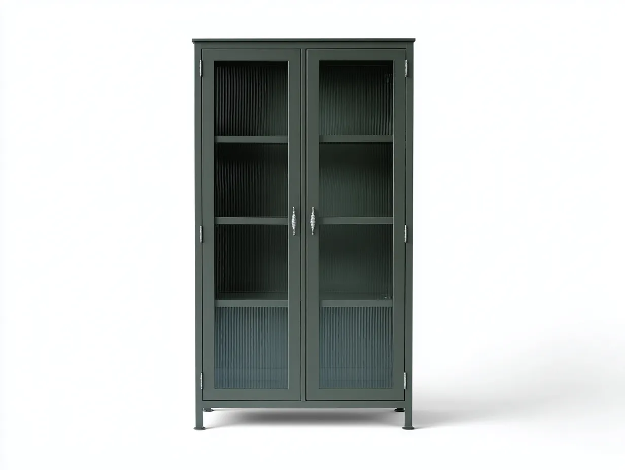 Vitrina 86x39x182 cm - metal y vidrio texturizado - verde grisáceo - estilo sobrio para comedor-Zalinyhaven