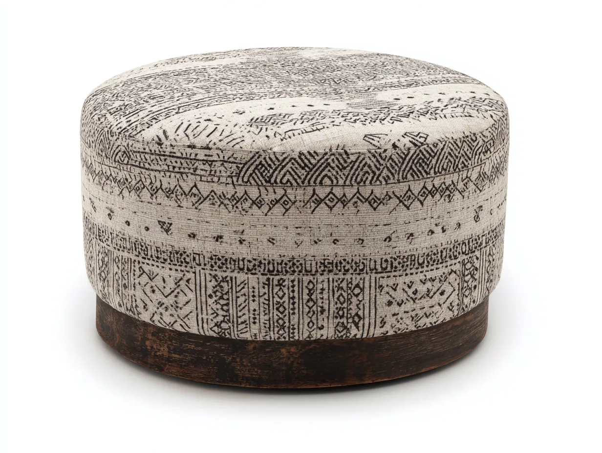 Reposapiés redondo beige 70x70x39 cm - tejido estampado negro con base de madera-Zalinyhaven