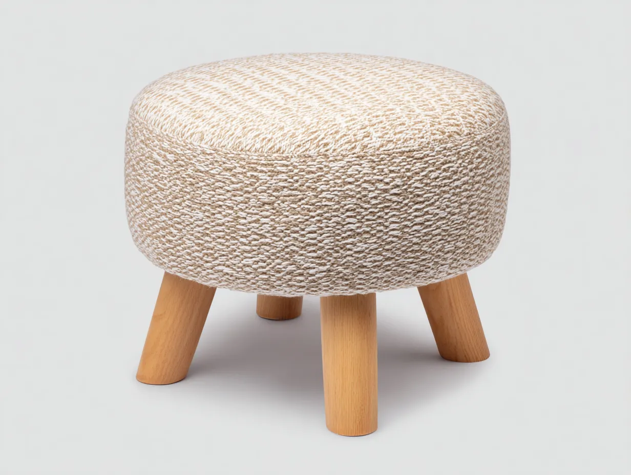 Reposapiés redondo beige jaspeado 55x55x42 cm - tela texturizada con patas inclinadas de madera-Zalinyhaven