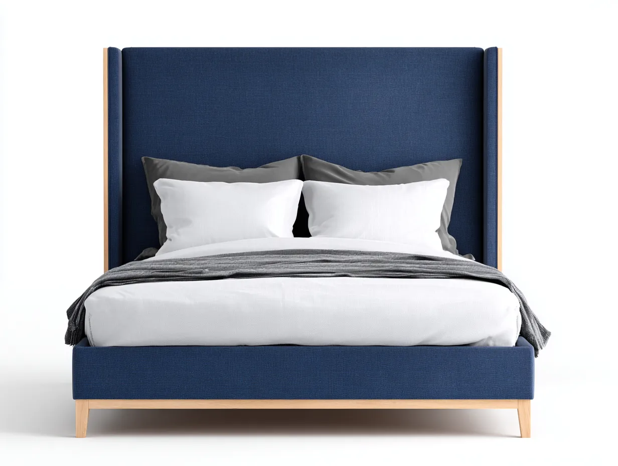 Cama Doble tapizada azul marino con estructura de madera 228 x 200 x 125 cm - azul marino y madera natural - estilo contemporáneo para dormitorio-Zalinyhaven