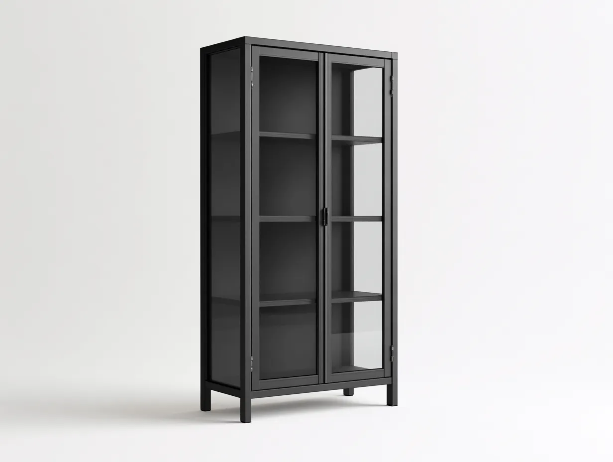Vitrina metálica con puertas de vidrio 90 x 38 x 190 cm - negro - diseño industrial para comedor-Zalinyhaven