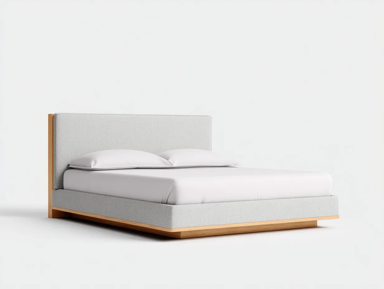 Cama Doble tapizada gris claro con base de madera 220 x 194 x 102 cm - gris claro y madera natural - líneas rectas para dormitorio-Zalinyhaven