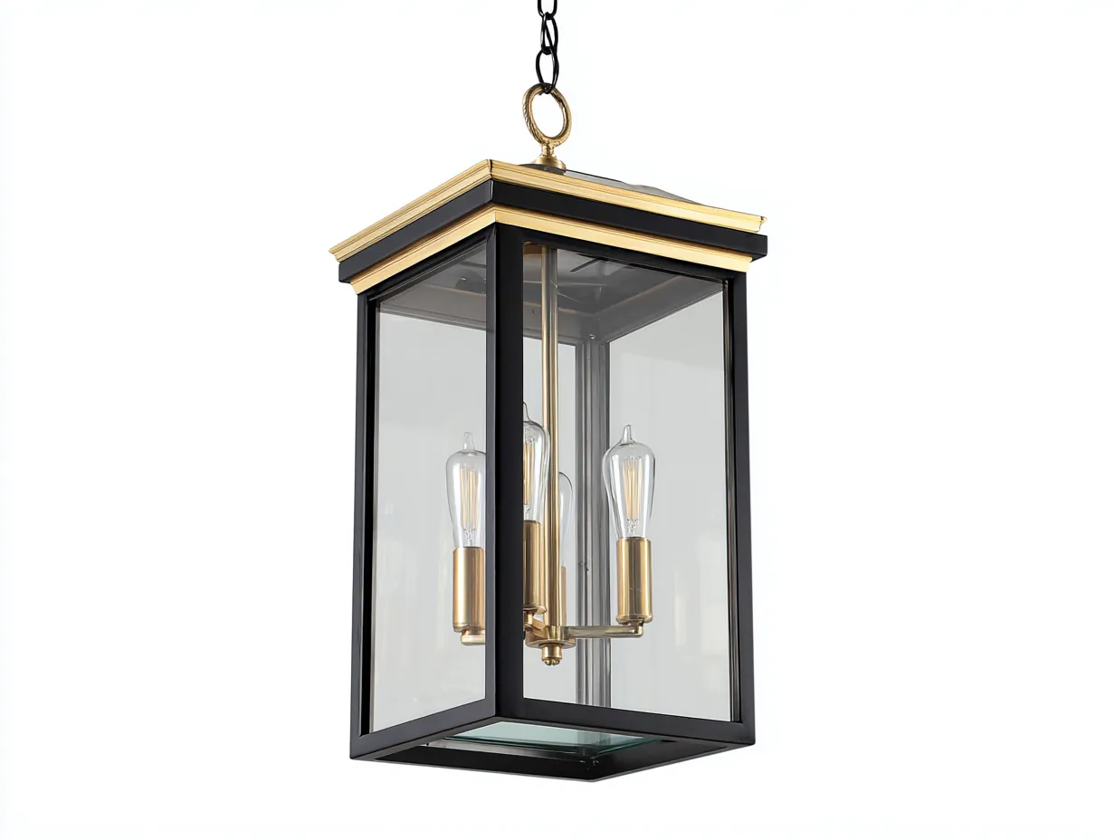 Lámpara Colgante 24x24x50 cm - acero y vidrio transparente color negro y dorado - farol clásico para exterior-Zalinyhaven
