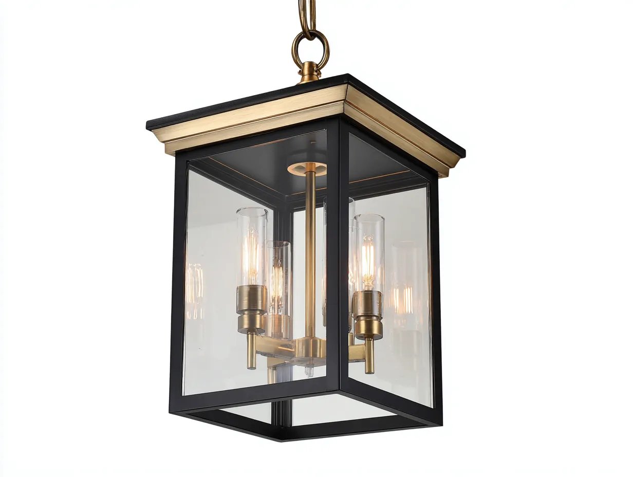 Lámpara Colgante 28x28x46 cm - acero y vidrio transparente - negro y dorado - estilo farol para exterior-Zalinyhaven