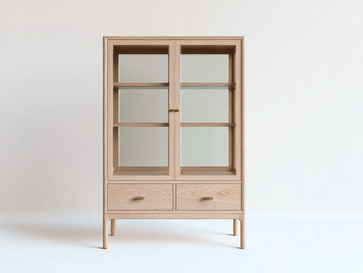 Vitrina de madera clara con vidrio y cajones 96 x 40 x 182 cm - madera clara y dorado - para comedor de estilo nórdico-Zalinyhaven