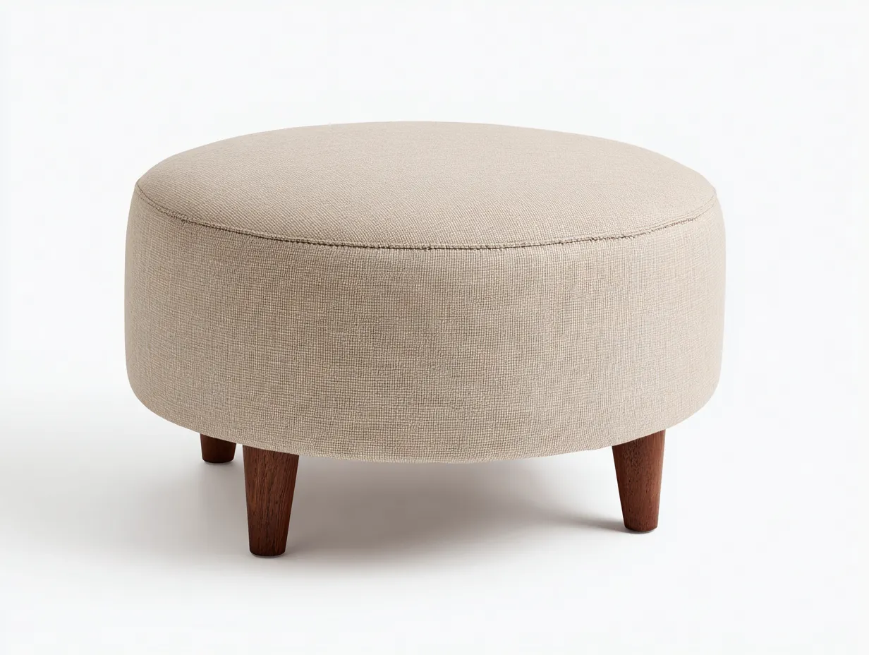 Reposapiés redondo beige 62x62x39 cm - tela lisa con patas cónicas de madera para salón-Zalinyhaven