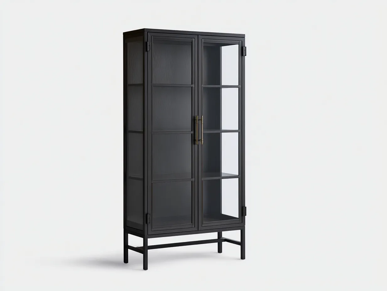 Vitrina alta de metal con vidrio 88 x 38 x 196 cm - negro - para comedor con acabado contemporáneo-Zalinyhaven