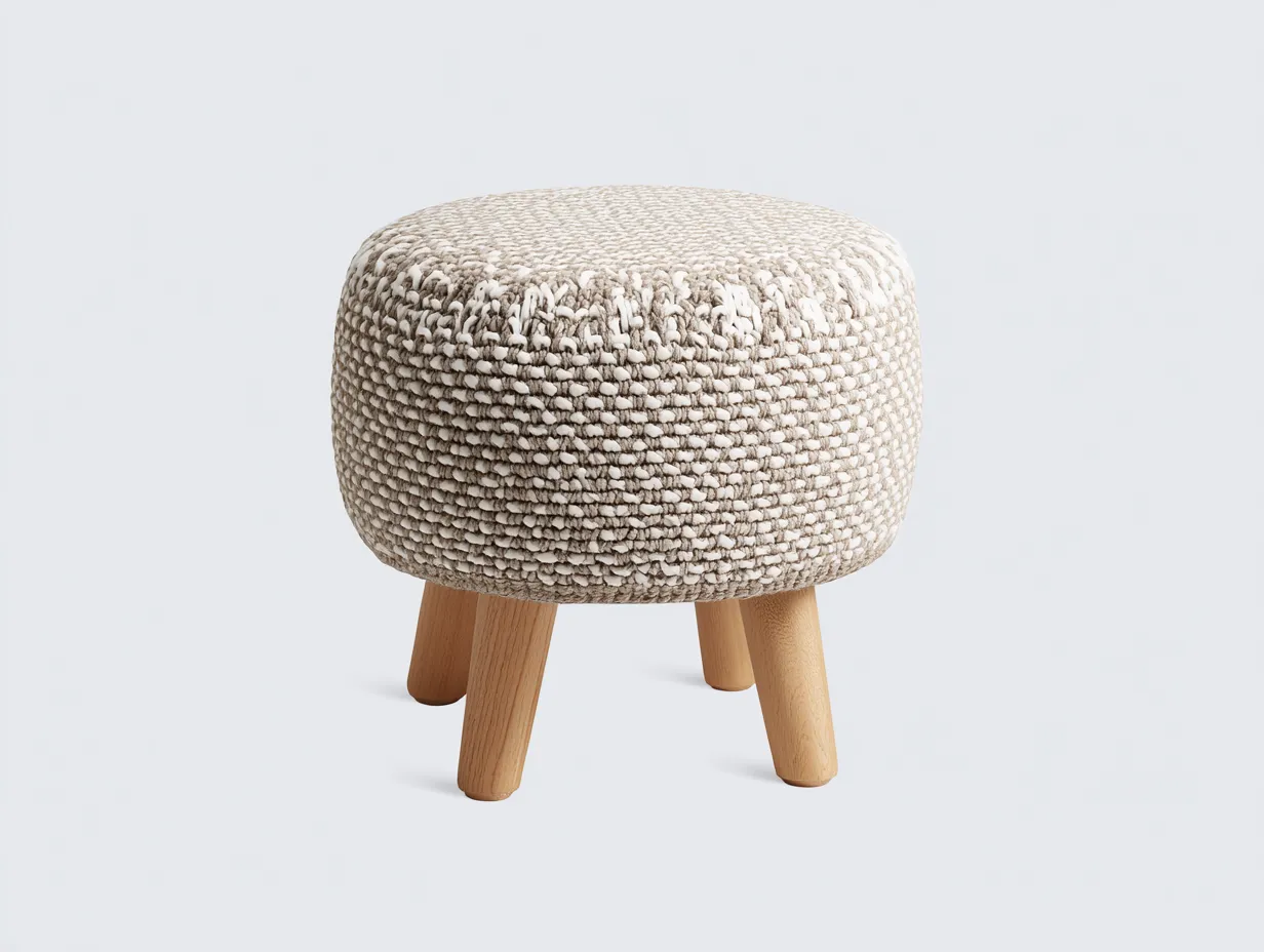 Reposapiés redondo beige tejido grueso 43x43x42 cm - patas de madera clara estilo natural-Zalinyhaven