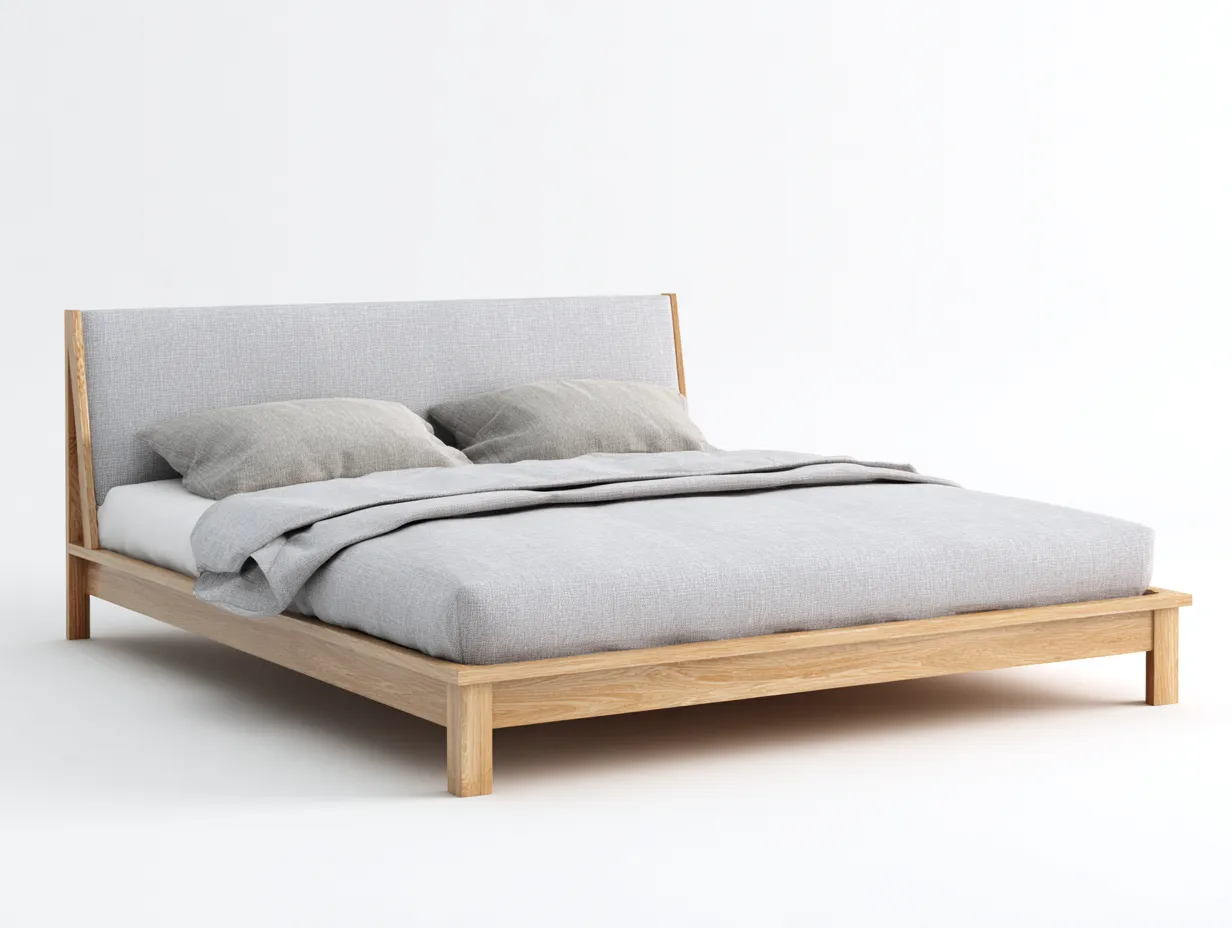 Cama Doble tapizada tela gris con marco de madera 218 x 178 x 96 cm - gris claro y madera natural - diseño nórdico para dormitorio-Zalinyhaven