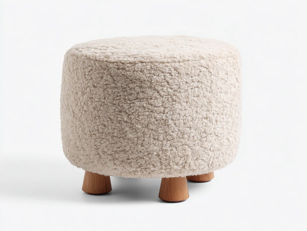 Reposapiés cilíndrico blanco roto 48x48x41 cm - textura borreguito con patas de madera para salón-Zalinyhaven