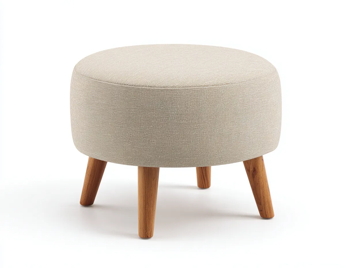 Reposapiés redondo beige claro 55x55x40 cm - tela lisa con patas inclinadas de madera natural-Zalinyhaven