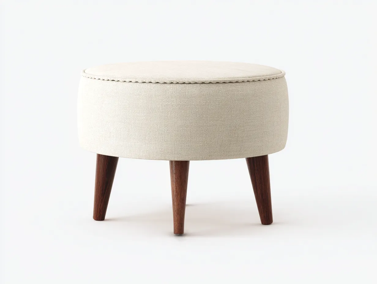 Reposapiés tapizado crema con patas de madera oscura 48 x 48 x 43 cm - crema y marrón oscuro - diseño redondo para salón-Zalinyhaven
