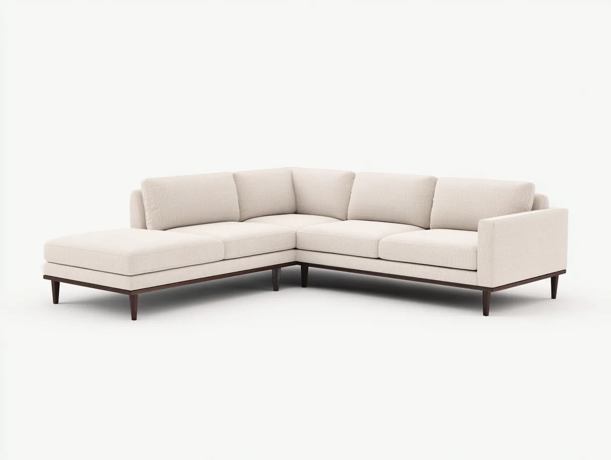 Sofá Esquinero de tela beige 312x192x84 cm - beige claro y madera - base elevada para salón-Vazosohaus