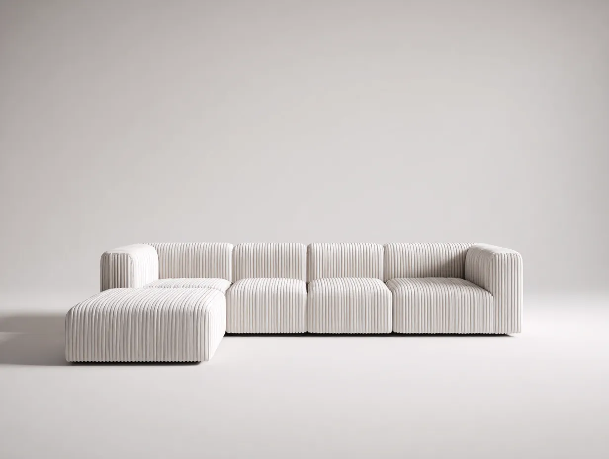 Sofá Esquinero de tejido canalé 310x188x73 cm - blanco marfil - descanso modular para salón-Vazosohaus