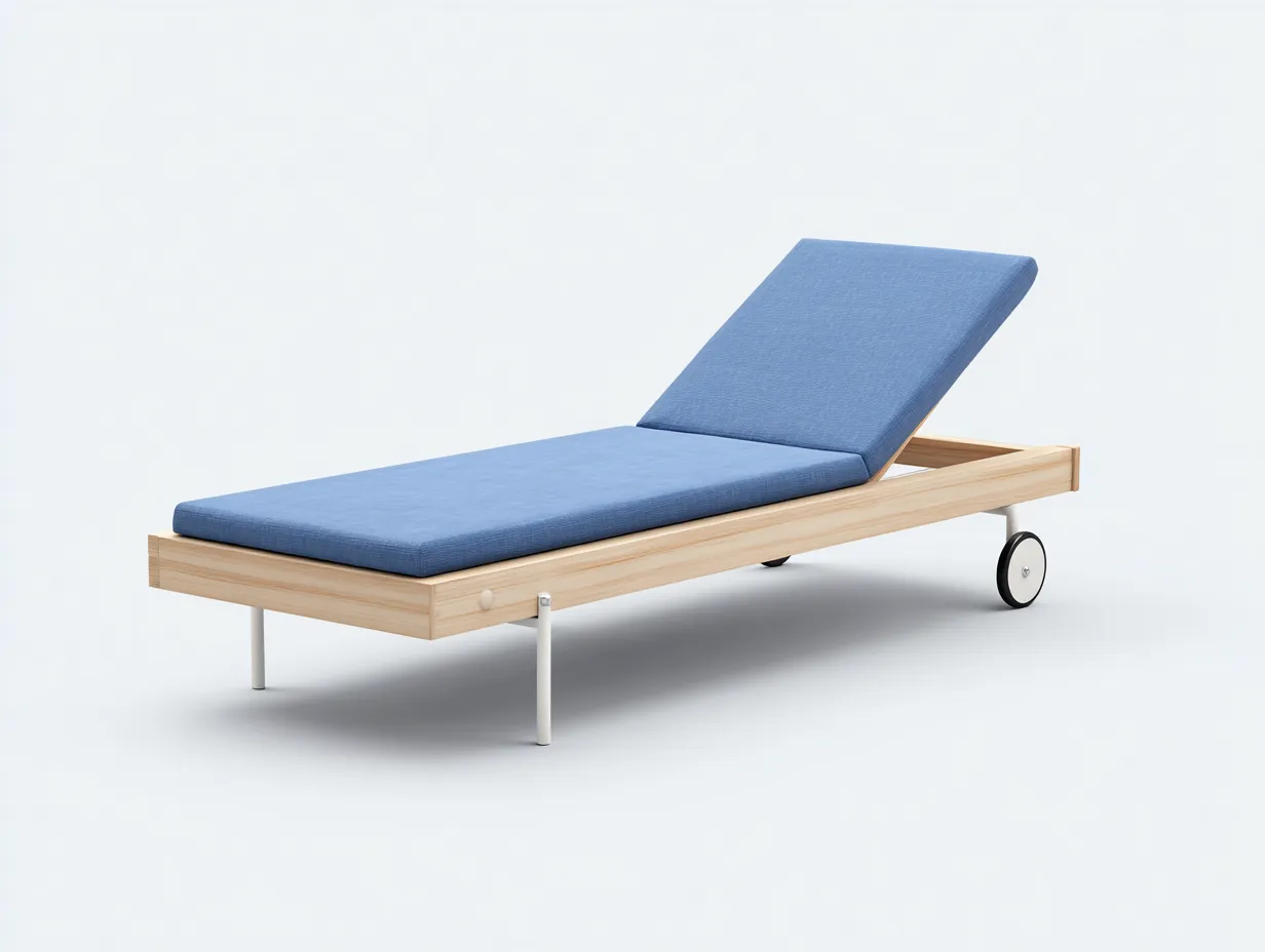 Tumbona acolchada con ruedas 198x65x90 cm - azul claro y madera clara - para exterior con respaldo ajustable-Vazosohaus