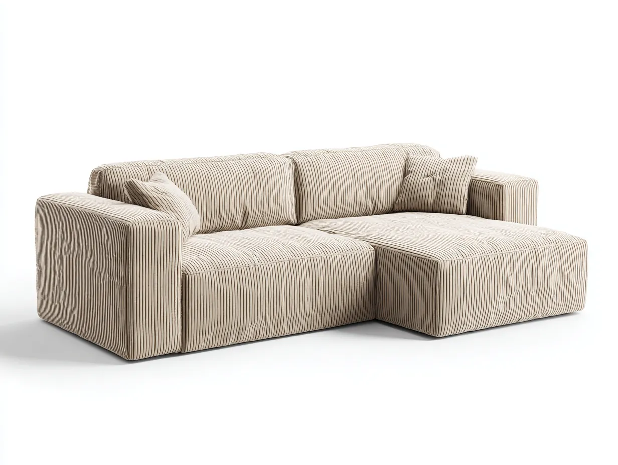 Sofá Esquinero de tejido acanalado 300x186x76 cm - beige natural - chaise envolvente para salón-Vazosohaus