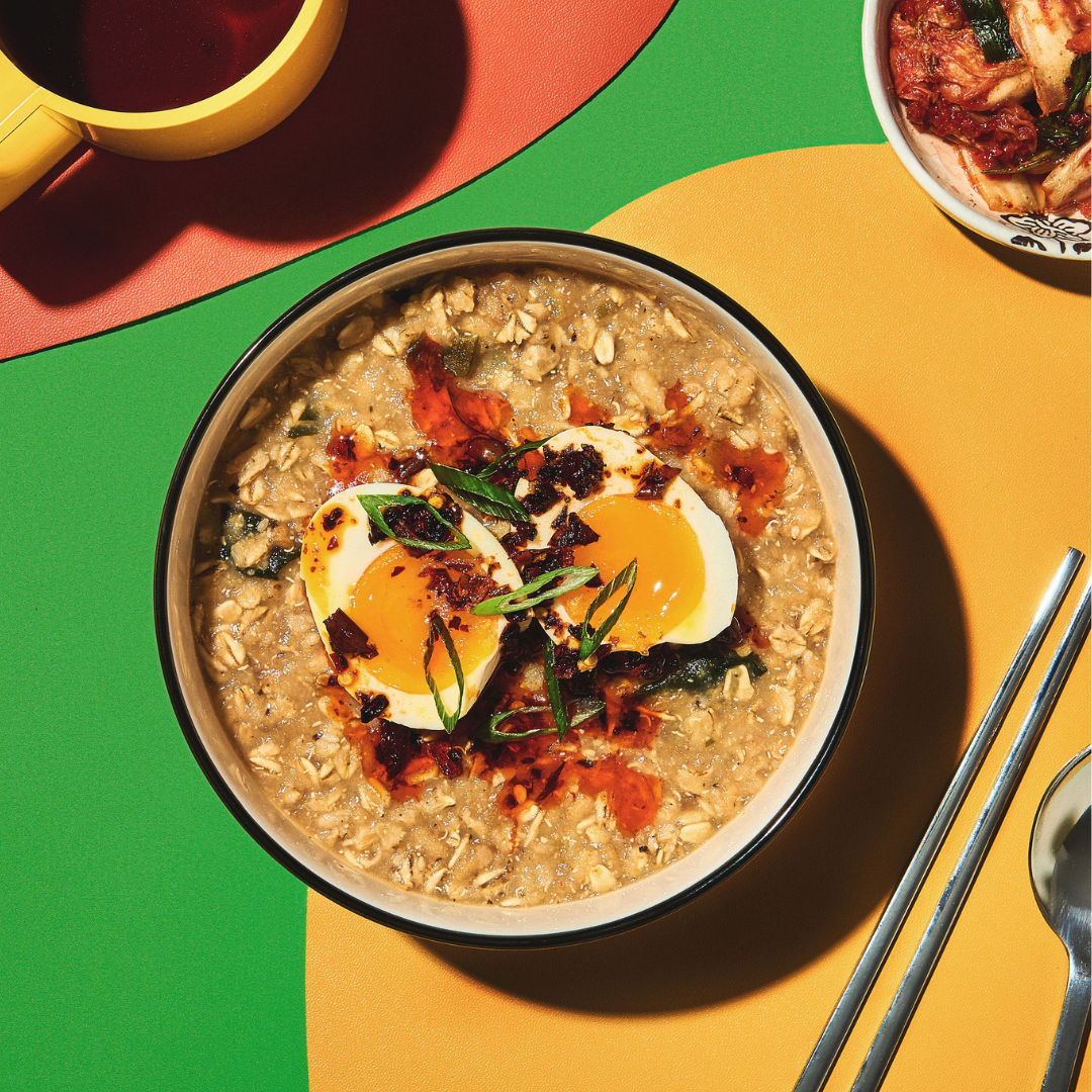 savory oatmeal soft boiled egg chili crisp