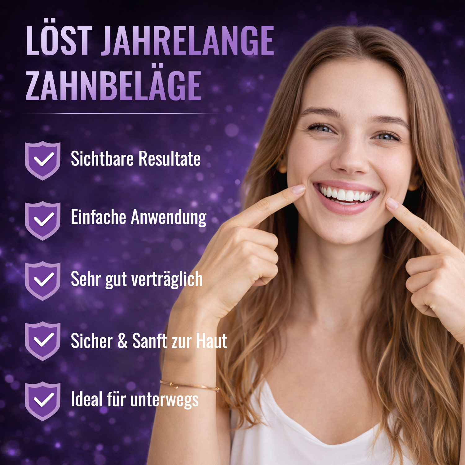 Zahnpasta in medizinischer Qualität, lila aufhellend. Bereits nach 2 Tagen Anwendung wird die Gelbfärbung der Zähne um das Zehnfache reduziert. Frischt den Atem auf, ohne Wasserstoffperoxid.