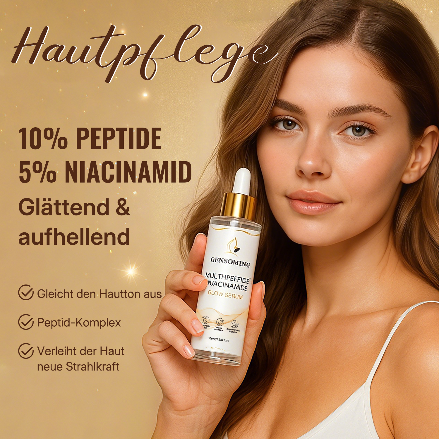 Peptid-Niacinamid Leuchtserum (Glow Serum) – gleicht den Teint aus, mildert dunkle Verfärbungen, geeignet für alle Hauttypen, sanft und duftfrei, 100 ml.