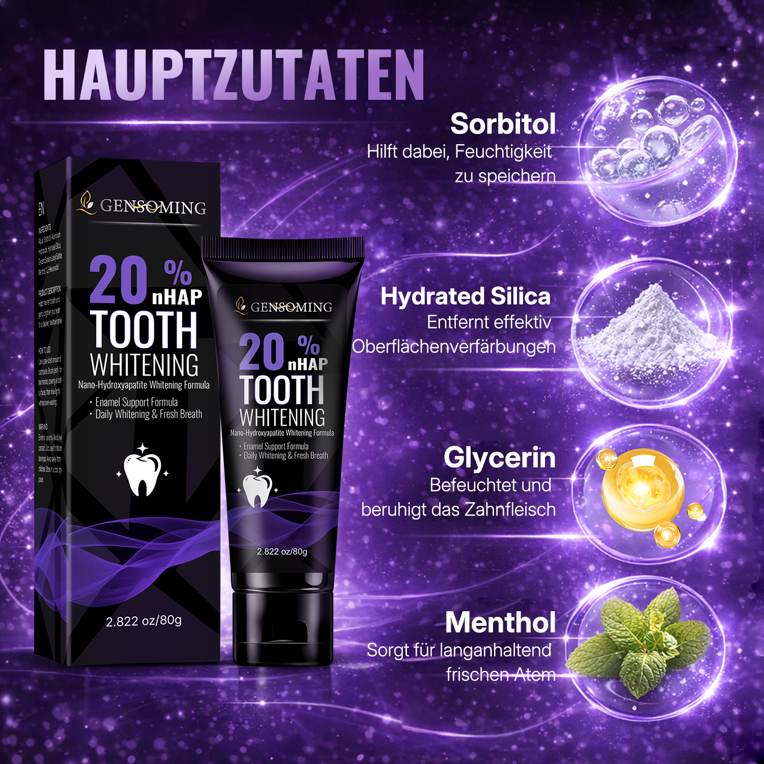 Zahnpasta in medizinischer Qualität, lila aufhellend. Bereits nach 2 Tagen Anwendung wird die Gelbfärbung der Zähne um das Zehnfache reduziert. Frischt den Atem auf, ohne Wasserstoffperoxid.