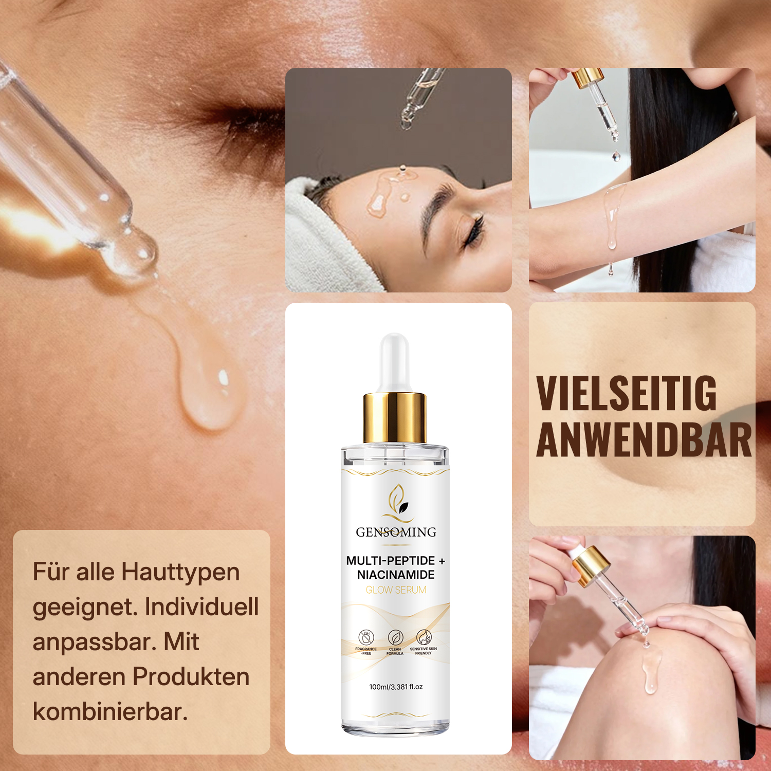 Peptid-Niacinamid Leuchtserum (Glow Serum) – gleicht den Teint aus, mildert dunkle Verfärbungen, geeignet für alle Hauttypen, sanft und duftfrei, 100 ml.
