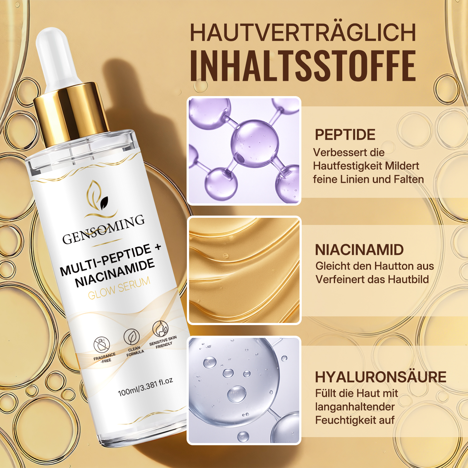 Peptid-Niacinamid Leuchtserum (Glow Serum) – gleicht den Teint aus, mildert dunkle Verfärbungen, geeignet für alle Hauttypen, sanft und duftfrei, 100 ml.