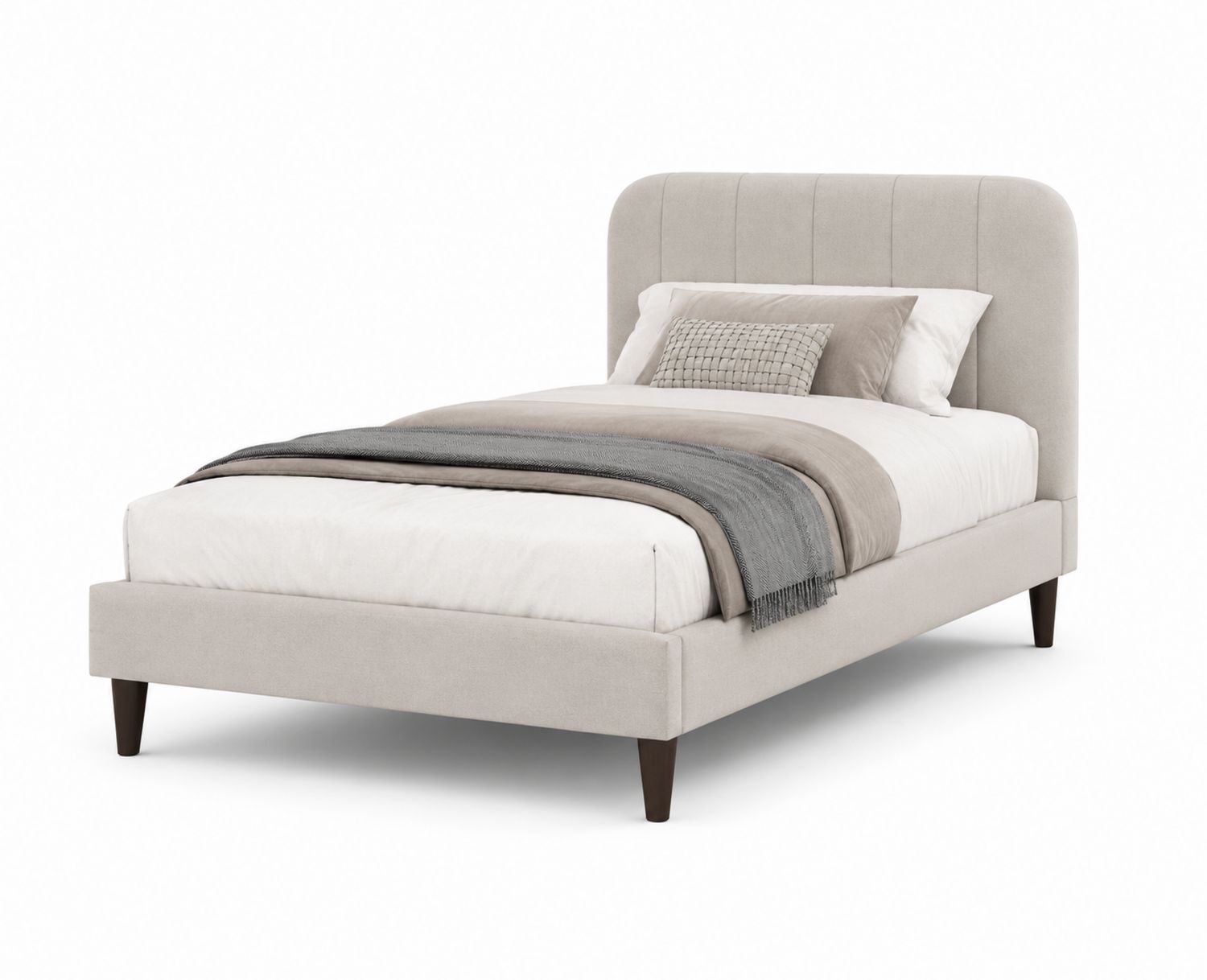 Letto Singolo in Tessuto Beige con Testiera